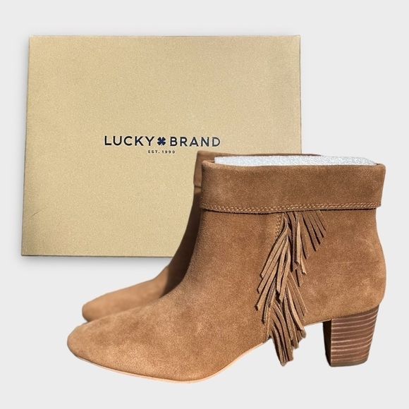 🌻NEW w/box Lucky Brand Zakina Oiled Suede Tan Fringe Detailed Booties Size 9.5 - Picture 11 of 12